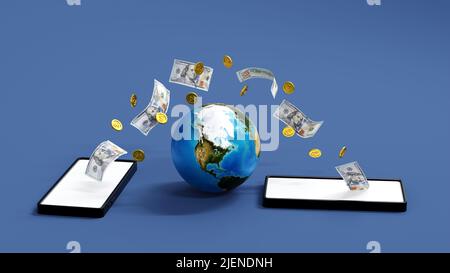 Mobile Banking-Konzept, Wechsel von Münzen und Dollar-Banknoten vom Smartphone zum anderen Mobiltelefon, E-Wallet für Online-Geldtransfers, 3D Rendering. Element nach N Stockfoto