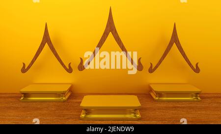 Gold Podium oder Buddha-Statue Podest Podium mit Haus Giebel Dach Form Thai-Stil Kunst Komposition, Bühne für Produkt, 3D Rendering. Stockfoto