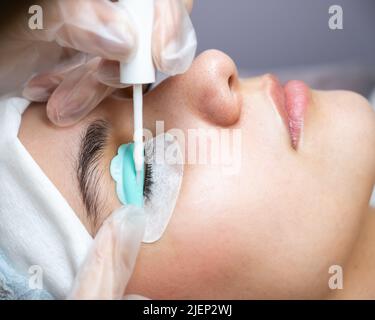 Junge Frau, die Wimpern färbt und laminiert. Stockfoto