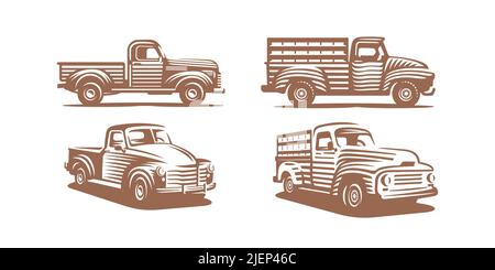 Vintage Landwirt Pickup LKW Zeichnung in Ätzart. Vektor Holzschnitt Illustration von klassischen Bauernhof Auto, rustikalen LKW in der Seite und perspektivische Ansicht isoliert auf weißem Hintergrund Stock Vektor