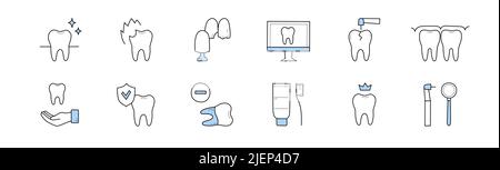 Zahnmedizin und Stomatologie Doodle Symbole gesetzt. Vektor lineare Zeichen, Zahnpflege und Medizin Zähne, Veneers, Paste und Zahnbürste, Desktop mit Zahn, stomatologische Werkzeuge, Karies Behandlung, Mundgesundheit Stock Vektor