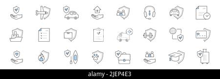 Versicherungsdienst Doodle-Symbole. Vector Zeichen Gesundheit, Leben und Schutz von Eigentum. Hand mit Schild, Flugzeug, Auto, Haus und Familie Schutz. Headset für den Bediener, Richtliniendokument, Schiff, Krankenwagen Stock Vektor