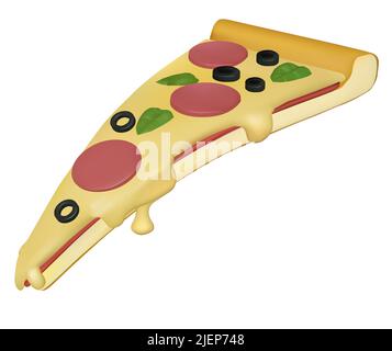 Pizza-Scheibe mit Wurst, Basilikum und Olive isoliert auf weißem Hintergrund. 3D Vektordarstellung. Stock Vektor