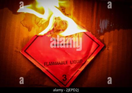 Symbol „Flamme brennt brennbare Flüssigkeit“ Stockfoto