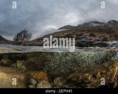 Das Wasser fließt aus den Felsen unter dem Fluss Kinglas. Hügel, Bäume und dunkle, stürmische Wolken stehen im Hintergrund. Stockfoto