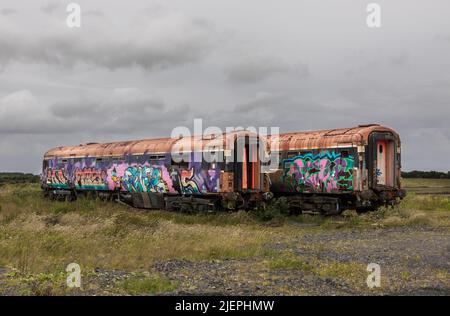 Moyasta Junction, Clare, Irland. 27.. Juni 2022. Zugreisen, die einst Teil des rollenden Bestands für Irish Rail waren und nun von der West Clare Railway in Moyasta Junction, Co. Clare, Irland, für die Restaurierung bestimmt sind. - Bild David Creedon Stockfoto