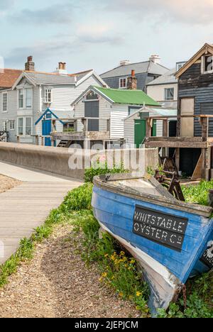 Weatherbord Beach Houses an der Uferpromenade von Whitstable in Südostengland Stockfoto