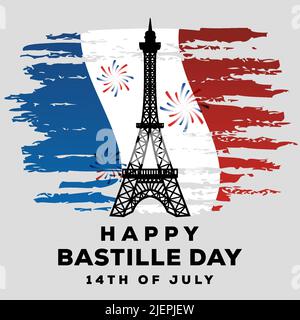 Happy bastille Day Illustration auf rauer frankreich Flagge Stock Vektor