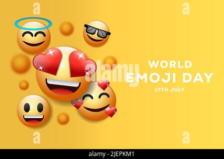 Welt-Emoji-Tag-Illustration mit Engelsgesicht, lächelndem Gesicht, kühlem Gesicht, lächelndem Gesicht mit Herz Stock Vektor