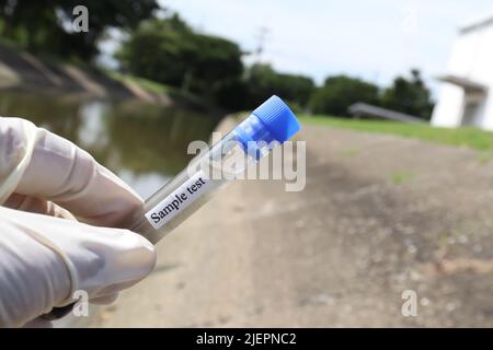 Sammeln Sie Proben von Abwässern aus industriellen Kanälen in Reagenzgläsern, die im Labor untersucht werden sollen Stockfoto