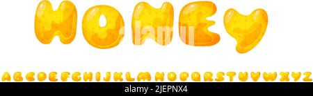 Honigsüße Schrift. Flüssiger Honig Cartoon Alphabet, Gelbe Wabenvektor Schriftart. Stock Vektor