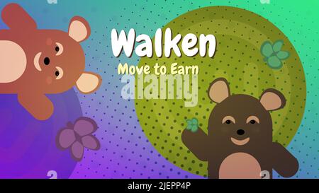 Walken web3 Lauf-App mit lustiges Spiel mit verschiedenen niedlichen Tieren mit Move to Earn Konzept. Möglichkeit, auf NFT-Zeichen zu verdienen, indem Sie die g spielen Stock Vektor
