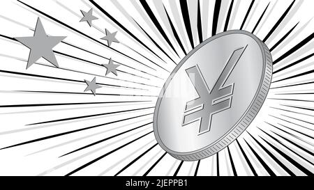 Münze mit chinesischer Währung Yuan CNY Zeichen in Strahlen und Sterne von der Flagge Chinas. Banner in grauen Farben. China hat einen digitalen Yuan geschaffen. Vektor illustrr Stock Vektor