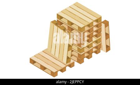 Isometrische Paletten im Stapel und in mehreren Bereichen für Verpackung und Transport isoliert auf weißem Hintergrund. Vektorgrafik. Stock Vektor