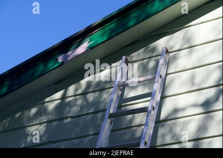 Zeit, das Haus zu bemalen, die Vorbereitung hat bereits mit rosa Grundierung auf dem dunkelgrünen Lastkahn begonnen Stockfoto