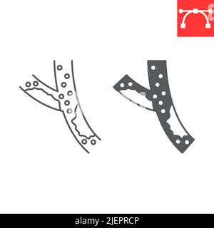 Blutgefäßlinie und Glyphen-Symbol, Cholesterin und Vene, Blutgefäßvektor-Symbol, Vektorgrafiken, bearbeitbares Strichumrisszeichen, Folge 10. Stock Vektor