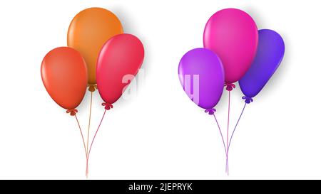 Set aus zwei Bündeln von drei farbigen Ballons mit Highlights und Schatten auf Seil isoliert auf weißem Hintergrund. Vektorgrafik. Stock Vektor