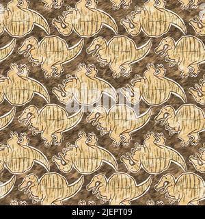 Braunes, handgezeichnetes Spinosaurus-Dinosaurier-Nahtloses Muster. Gender Neutral Jurassic fossile Silhouette für Baby-Nursery. Home Dekor für Museum, Aussterben Stockfoto