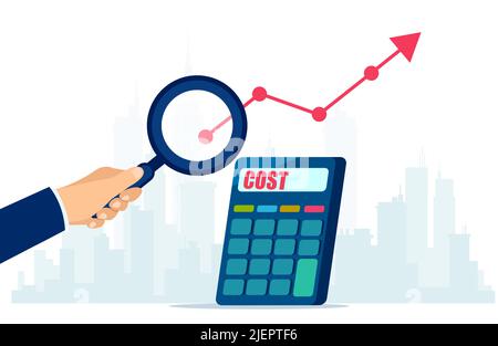 Vektor eines Geschäftsmannes mit Lupe, der die Lebenshaltungskosten analysiert Stock Vektor