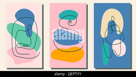 Set aus abstrakten organischen Formen und kritzelten Postern. Handgezeichnete unregelmäßige Hintergründe für Social-Media-Geschichten Design, Heim Innenwand Dekor Muster. Vektordarstellung mit ästhetischen Punkten und Kieselsteinen Stock Vektor