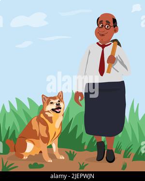 Ein Landwirt mit Shiva Inu Hund hält einen Spaten in Bauernhof Gras Vactor Karikatur Illustration Stock Vektor