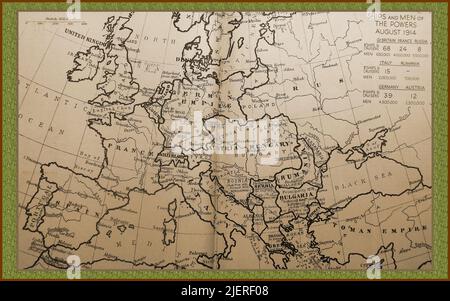 WWI - eine historische Karte von Europa mit Grenzen, Regionen, Ländern, Ortsnamen und militärischen Details von Schiffen und Kampfmannschaften mit Entfernungen in englischer Sprache - WWI - eine historische Karte von Europa mit Grenzen, Regionen, Ländern, Ortsnamen und militarischen Details von Schiffen und Kampfpersonal mit Entfernungen in englischen Meilen - Première Guerre mondiale - Une carte historique de l’Europe montrat les frontières, les régions, les pays, les noms de lieux et les détails militaires des naires et de la main-d’œuvre combattante avec des distances en miles Anglais. Stockfoto