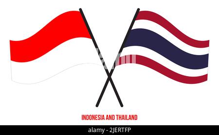 Indonesien und Thailand Flaggen gekreuzt und winken Flat Style. Offizieller Anteil. Korrigieren Sie Die Farben. Stockfoto