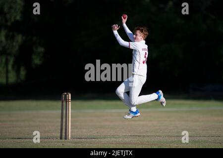 Teenager-Cricket-Bowler in Aktion Stockfoto