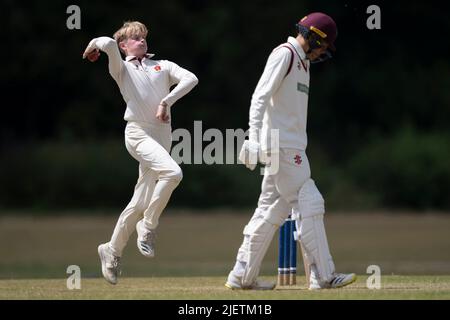 Teenager-Cricket-Bowler in Aktion Stockfoto