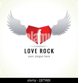 Love Rock-Logo. Rotes Glas Herz fliegend, Gitarre, Flügel, Markenidee. Vektorzeichen Musik. Symbol für Kunstveranstaltungen und Führungen. Rock n Roll-Symbol. Stock Vektor