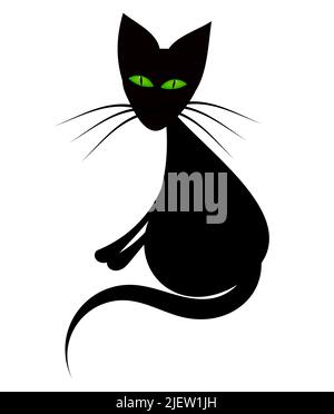 Schwarze Katze mit grünen Augen sitzend Stock Vektor