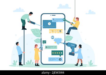 Mobile App Entwicklung, Programmierung Vektor Illustration. Cartoon kleine Entwickler erstellen funktionale UI für Smartphone-Anwendung, Ingenieure bauen Online-Software auf riesigen Handy-Bildschirm zusammen Stock Vektor