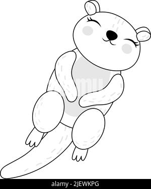 Cute Otters Clipart Schwarz und Weiß für Kinder Feiertage und Waren. Happy Clip Art Seeotter schwimmt auf seiner Rückseite für Malseite. Vektorgrafik von Stock Vektor