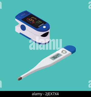 Fingertipp-Oximeter und Digitalthermometer isometrisch. Flacher Style. Vektorgrafik Stock Vektor