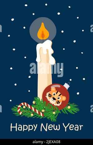 Vektor handgezeichnete Cartoon-Illustration einer brennenden Kerze und glückliches neues Jahr Gruß Stock Vektor