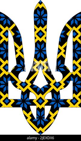 Vektor-Illustration des ukrainischen Staatswappens Tryzub mit Ornament in symbolischen blauen und gelben Farben Stock Vektor