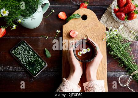 Frau hält eine Tasse Kamillentee in den Händen. Sommertisch mit frischen Erdbeeren, Kamille, natürlichem Tee und Minze. Ästhetischer femininer Sommer-Lifestyle. Wunderschönes Essen Stockfoto