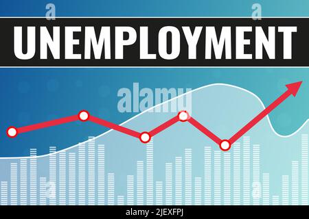 Wort Arbeitslosigkeit auf blauem Finanzhintergrund mit rotem Pfeil. Globales Wirtschaftskonzept Stock Vektor