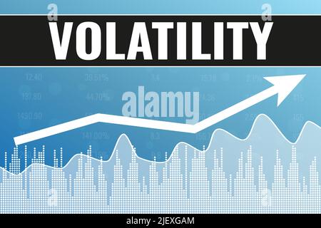Volatilitätsindex auf blauem Finanzhintergrund mit Zahlen, weißem Pfeil, Linie, Text Stock Vektor