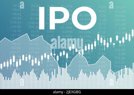 Word IPO (Initial Public Offering) auf blauem Finanzhintergrund. Finanzmarktkonzept Stock Vektor