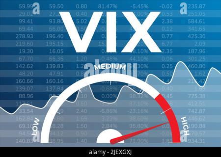 Volatilitätsindex VIX-Grafik auf blauem Finanzhintergrund mit Zahlen, Indikator, Text Stock Vektor