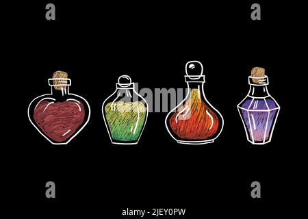 Handgezeichnete Vektorglasflasche mit farbenfrohem Zaubertrank, Hexerei Stock Vektor
