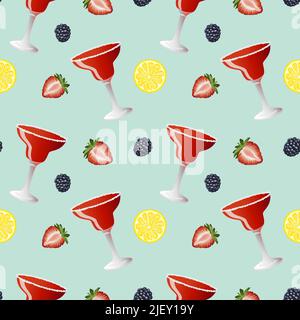 Handgezeichnetes Vektor-nahtloses Muster von Erdbeer-Margarita-Alkoholcocktail mit Zitronenscheiben und Brombeeren Stock Vektor
