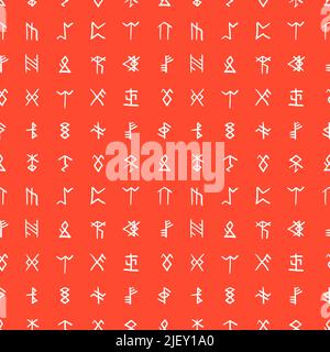 Handgezeichnetes, nahtloses Muster in Rot mit Runen und runischem Alphabet Stock Vektor