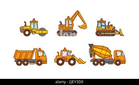 Autos Mischwagen, Bagger, Straßenwalze, LKW Stock Vektor