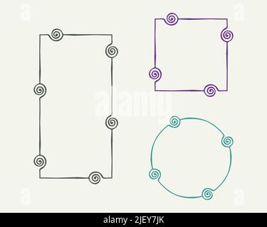 Rahmenkontursatz festgelegt. Handgezeichnete dekorative Doodle Tinte Strichränder, Wirbel Linien, Kreis, Quadrat, Rechteck Formen. Vektor Stock Vektor