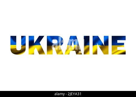 Text UKRAINE mit den Farben der Nationalflagge. Buchstaben auf weißem Hintergrund. Unabhängiger Staat, gelb-blaue ukrainische Farbe. Ruhm der Ukraine. Stockfoto