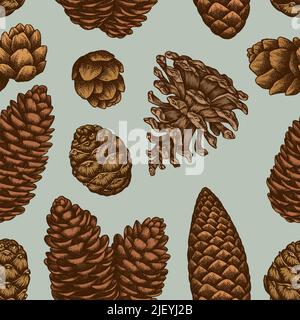 Geheimnisvolle Wald nahtlose Muster Hintergrund-Design. Gravierte Ausführung. Handgezeichnete Pinienzapfen. Stock Vektor
