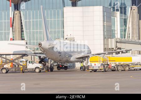 Flugzeug für Service, Laden von Lebensmitteln, Tanken von Kraftstofftanks vor dem Flug am Flughafenterminal. Rückansicht Stockfoto