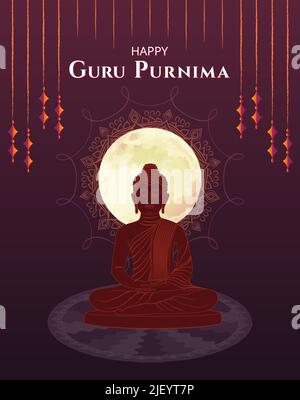 Happy Guru Purnima Gautama Buddha, Mond, Silhouette, Mandala. Kunstvolle traditionelle Festival Poster Banner Design Vorlage Vektor Illustration Website Stock Vektor